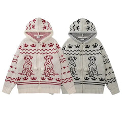 Puppy Print Hoodie Knitted Cardigan