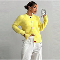 Heart Shaped Button Fuzzy Knit Cardigan
