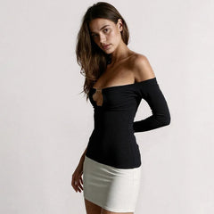 Off Shoulder Long Sleeve Two Tone Mini Dress