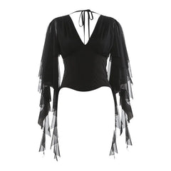 Black V-Neck Frill Slit Sleeve Top And Midi Irregular Skirt Set
