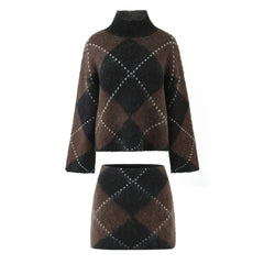 Brown Plaid Turtleneck Sweater And Knit Skirt Set