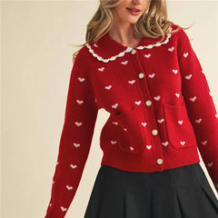 Heart Print Doll Collared Knitted Cardigan