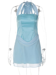 Blue Corset Satin Draped Waist Bow Tie Mini Dress