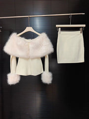 White Fur Collar Long Sleeves Off-Shoulder Top And Mini Skirt Set