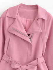 Pink Faux Suede Lapel Collar Belted Jacket