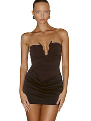 Strapless Ruched Asymmetric Desgin Mini Dress