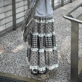 Women's black plaid and polka dot lace patchwork ruffles A-line maxi skirt.