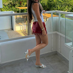 Red Sequin Low Waist Tassel Hem Mini Skirt