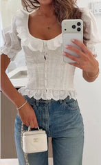 White Puff Sleeve Button-Down Ruffled Corset Blouse