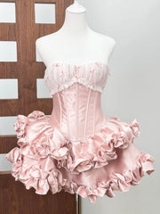 Pink Satin Corset 3d Flower Ruffles Mini Dress