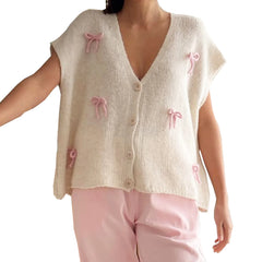 Bow V-Neck Short Sleeve Cardigan