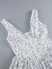White Deep V-neck Blue Floral Print Mini Dress