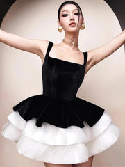 Black Velvet Puff Layered Hem Mini Dress