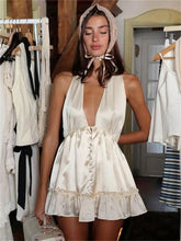 White Satin V-Neck Buttoned Mini Dress