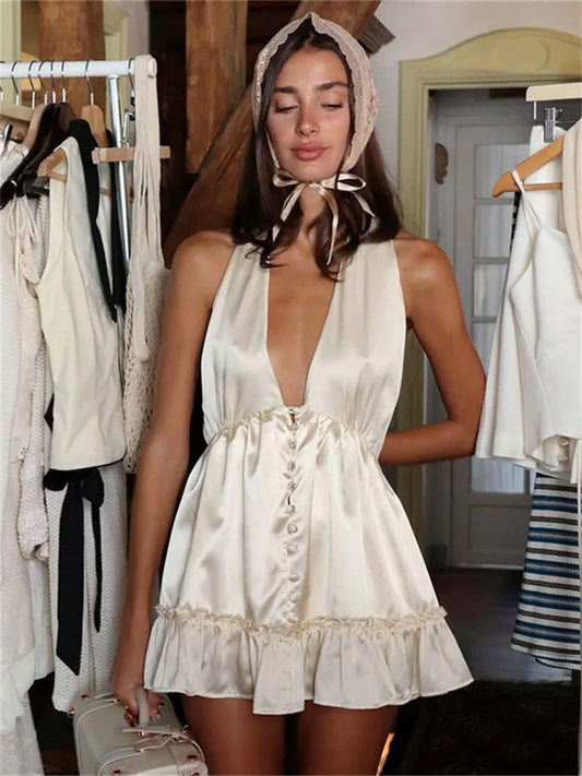 White Satin V-Neck Buttoned Mini Dress