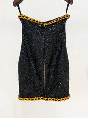 Black Sequin Gold Chain Strapless Mini Dress