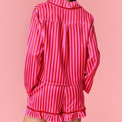 Stripe Solid Trim Long Sleeve Button Down Shirt And Ruffle Shorts Sleepwear Set