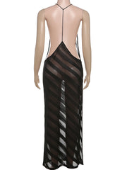 Black Diagonal Stripes Sheer Maxi Dress