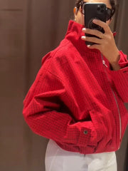 Red Zipper-up Plaid Stand Collar Jacket