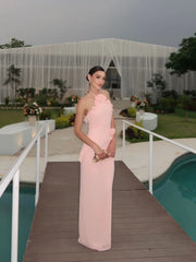 Pink Halter 3D Flower Ruffle Maxi Dress