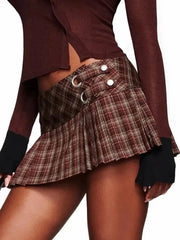 Brown Plaid ow Waist Metal Ring Pleated Mini Skirt
