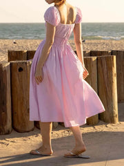 Striped Short Sleeve Ruched Bow Midi Dress