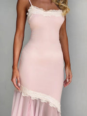 Pink Sleeveless Lace Patchwork Ruched Hem Midi Dress