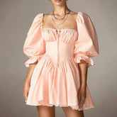Orange Puff Quarter Sleeve Square Neck Mini Dress