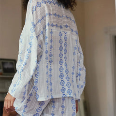 Printed Long Sleeve Tie Top And Shorts Sleepwear Set