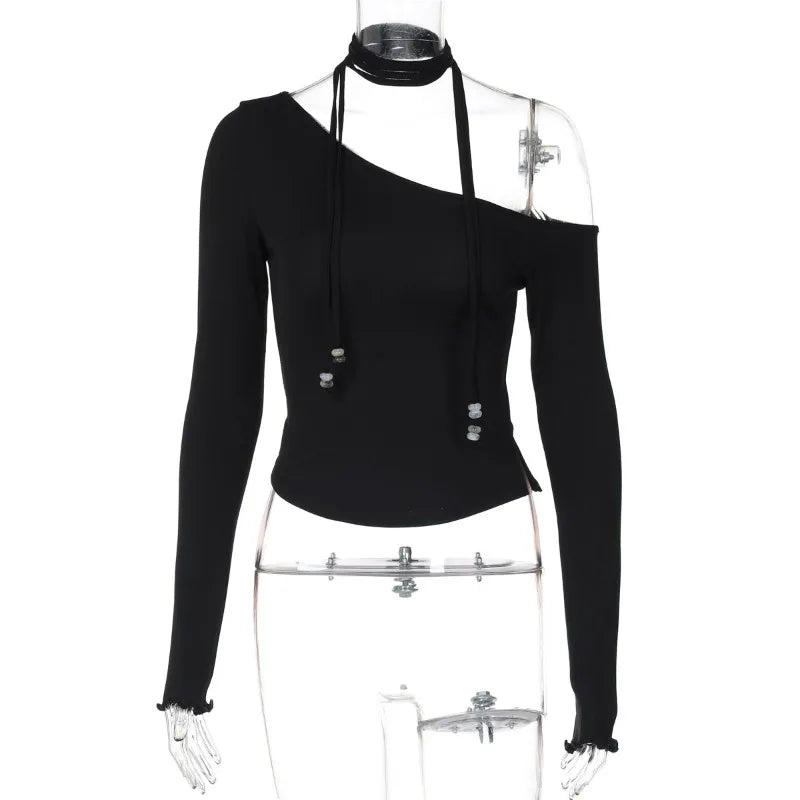 Black one-shoulder top on a mannequin