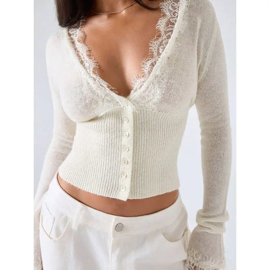 White Lace Trim Long Sleeve Button Down Knit Top