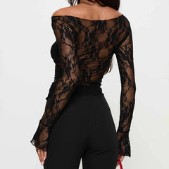 Black Lace Sheer Long Sleeve Top