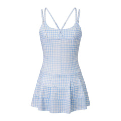 Blue Gingham Spaghetti Strap Criss Cross Back Mini Dress