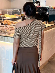 Brown Striped One Shoulder Scarf Sleeve Top