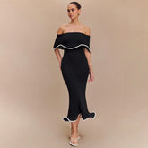 Black Ruffle Off-Shoulder White Trim Long Dresses