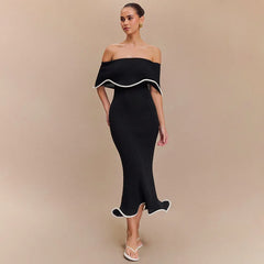 Black Ruffle Off-Shoulder White Trim Long Dresses