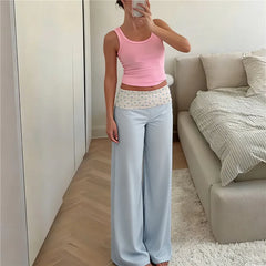 Floral Print Fold Over Waist Wide Straight Leg Trousers