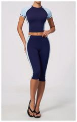 Two-Tone Contrast Seam Crop Top And Capri Leggings Set
