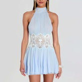 Blue Halter Lace Waist Cutout Mini Dress