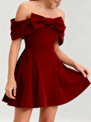 Bowknot Velvet Slash Neck Mini Dress