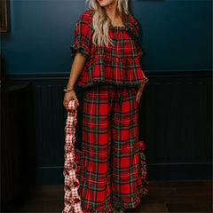 Christmas Plaid Puff Sleeve Ruffle Trim Pyjama Set