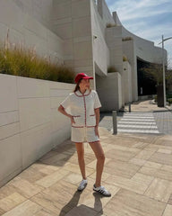 White Knitted Short Sleeve Top And Shorts Set