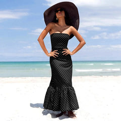 Polka Dot Strapless Tiered Hem Midi Dress