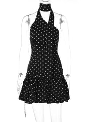 Black Polka Dot Wrap Around Puff Hem Mini Dress