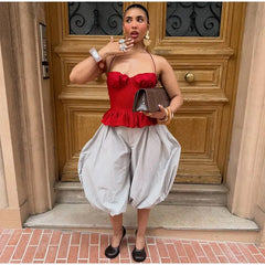 Red Ruffle Hem Cami Peplum Crop Top