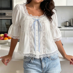 White Lace Spliced Puff Flare Sleeve Bow Tie Top