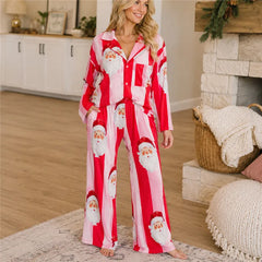 Santa Claus Print Striped Long Sleeve Button Down Shirt And Wide Leg Pants Sleepwear Set
