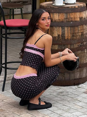 Black Lace Trim Polka Dot Print Cami Top And Midi Skirt Set