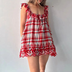 Red Plaid Ruffle Edge Mini Dress