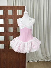 Pink Halter Neck Belted Strap Puff Hem Corset Mini Dress
